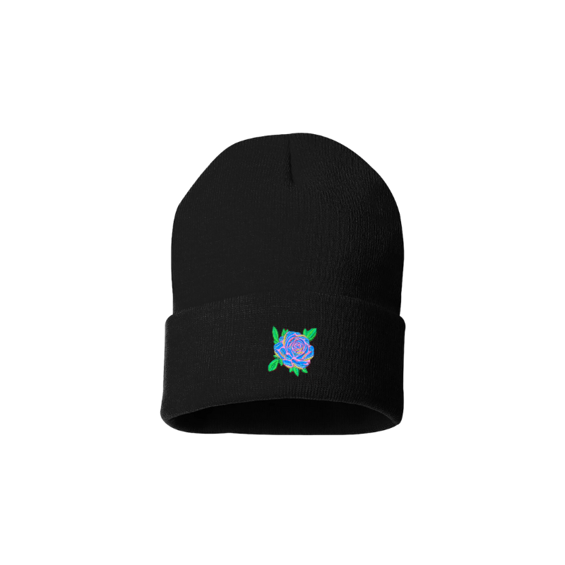Black cuffed beanie. It has a Blue Rose with pink, yellow and green leaves embroidered in the cuff
