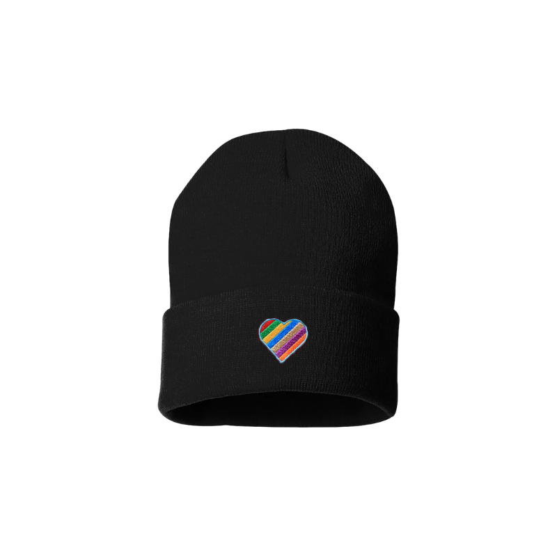 Black cuffed beanie . It has an embroidered heart with the Pride colors in the cuff