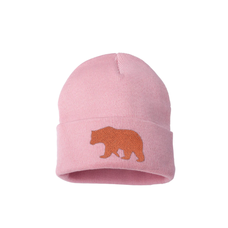 Baby Pink cuffed beanie has the silhouette of a copper bear embroidered
