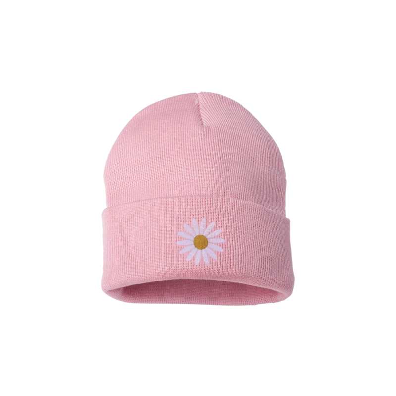 Baby Pink beanie with an embroidered daisy on the cuff