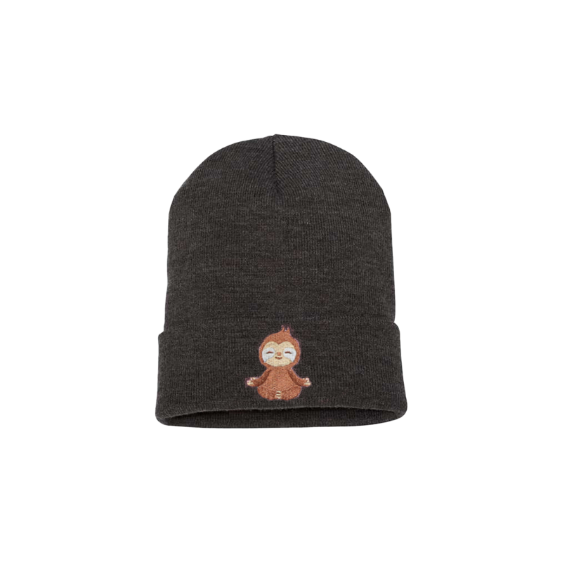 Dark Heather cuffed beanie with an embroidered sloth. The body is brown and the face creme and is meditating