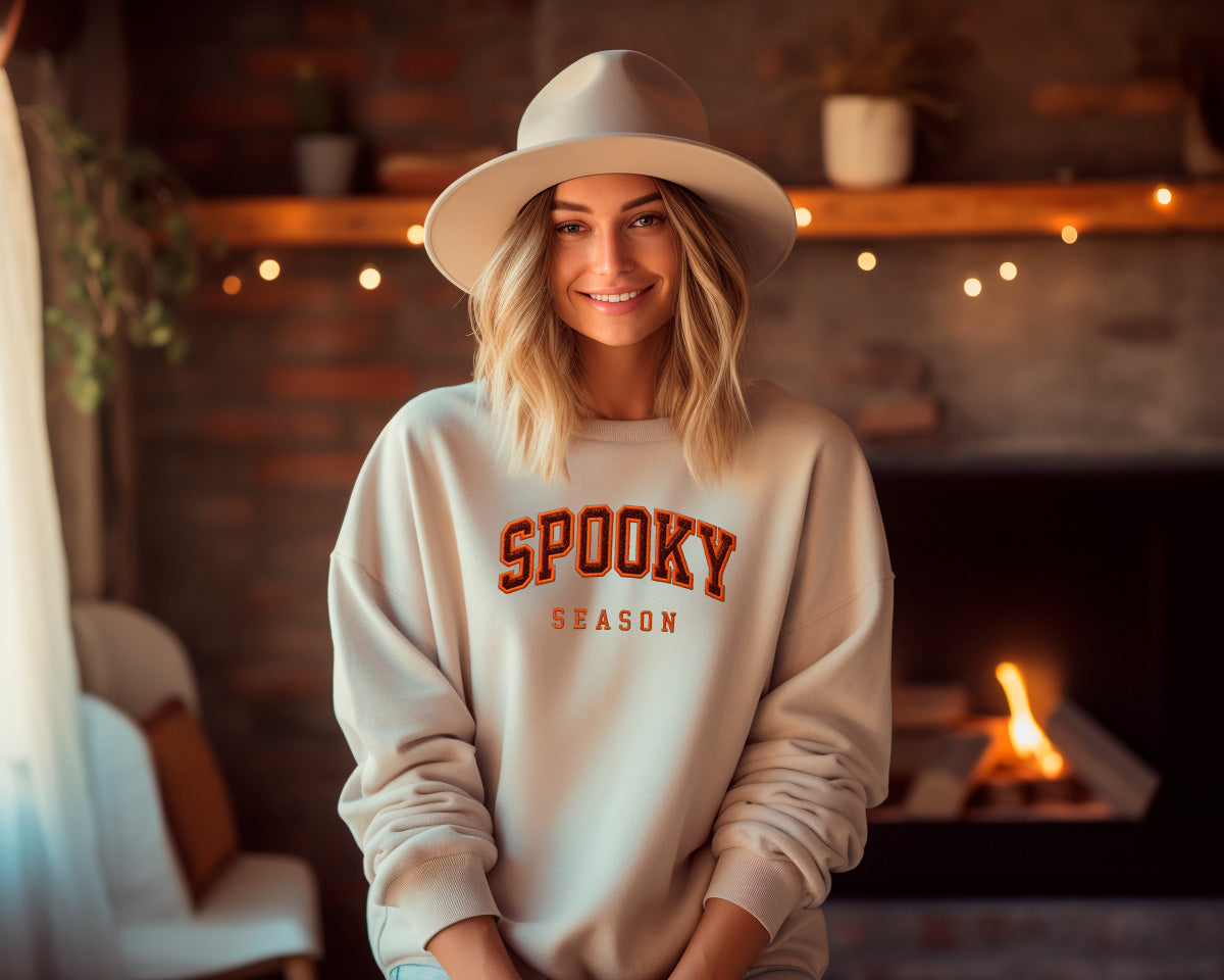 Halloween Spooky Season Orange Neon Glitter Applique Crewneck Sweatshirt