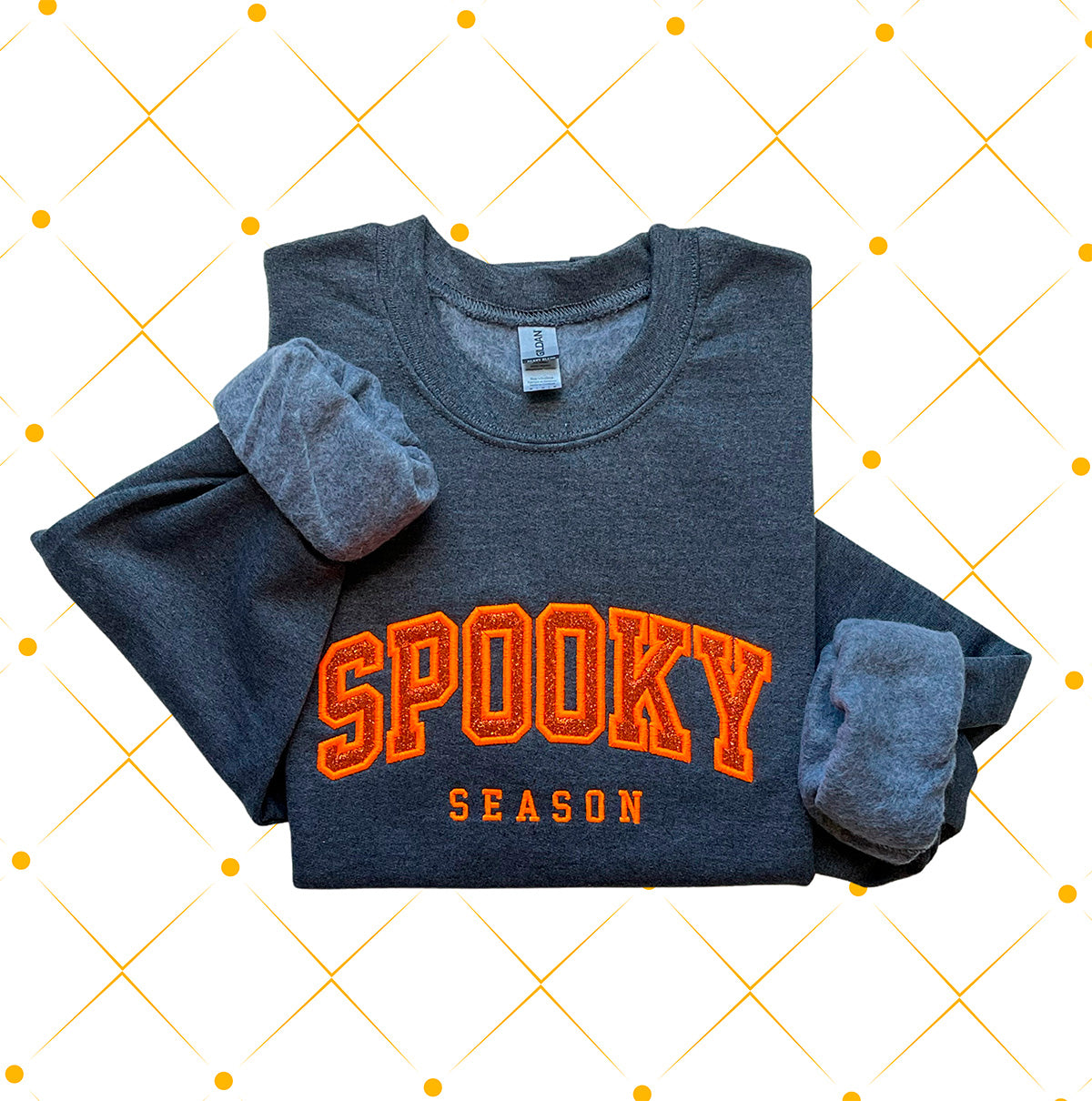 Halloween Spooky Season Orange Neon Glitter Applique Crewneck Sweatshirt