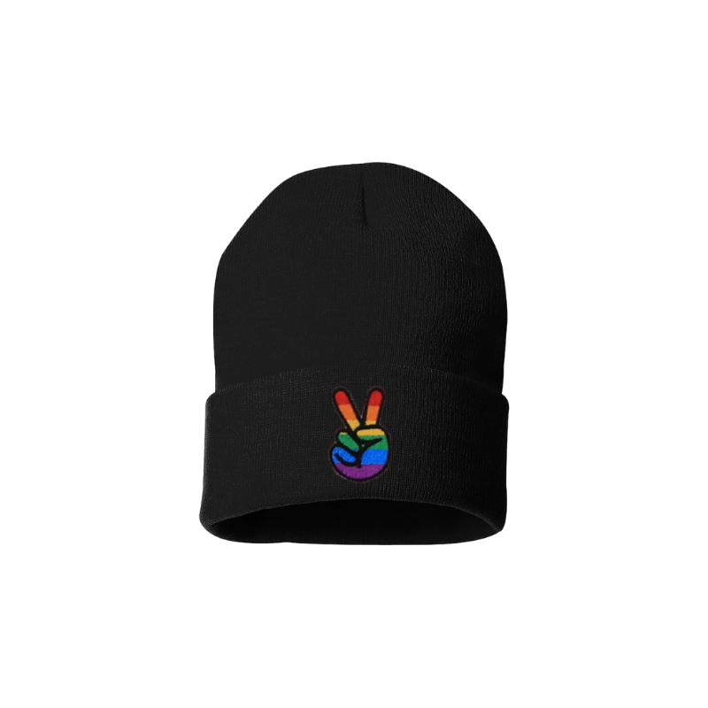 Black cuffed beanie. It has an embroidered on the cuff with the Pride colors peace sign