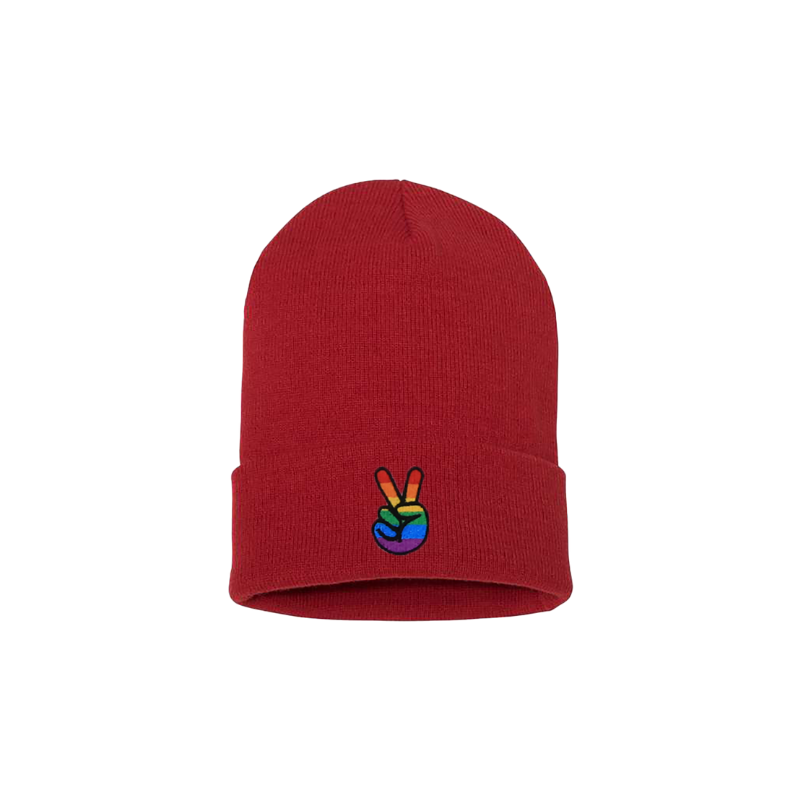 Red cuffed beanie. It has an embroidered on the cuff with the Pride colors peace sign