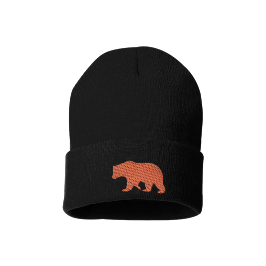 Black cuffed beanie has the silhouette of a copper bear embroidered