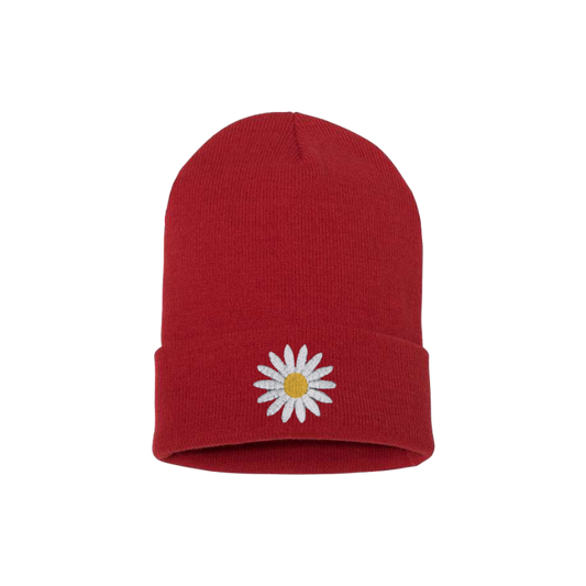 Red beanie with an embroidered daisy on the cuff