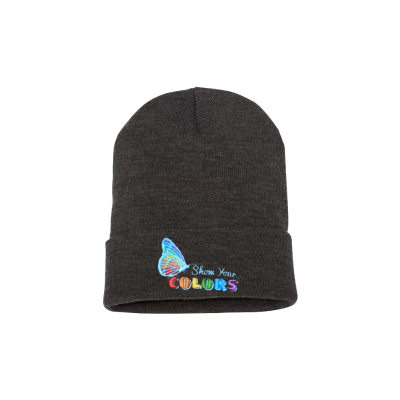 Dark Gray cuffed beanie. It has an embroidered butterfly with the LGTB colors and a text show your colors on the cuff