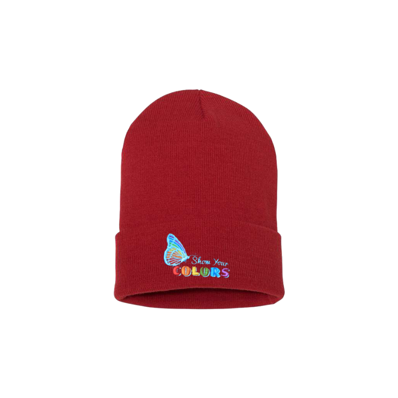 Red cuffed beanie. It has an embroidered butterfly with the LGTB colors and a text show your colors on the cuff