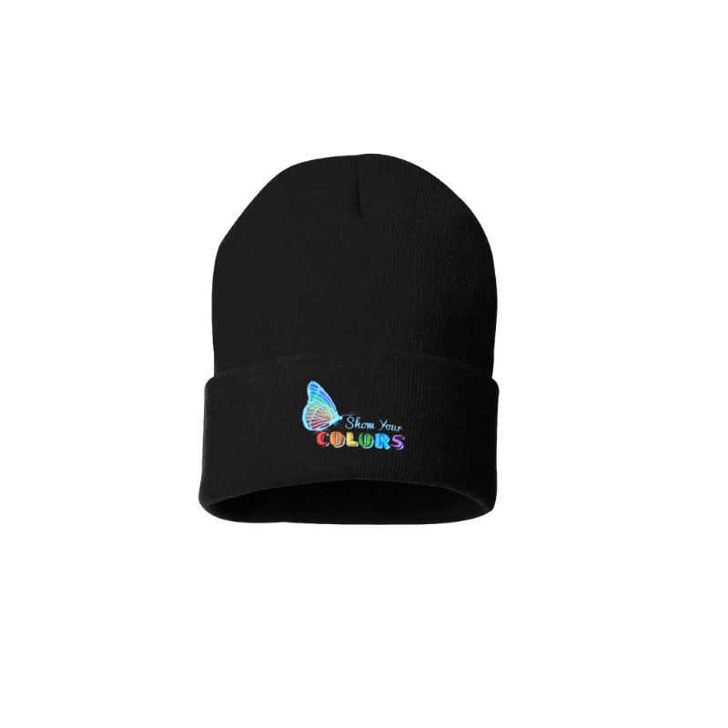 Black cuffed beanie. It has an embroidered butterfly with the LGTB colors and a text show your colors on the cuff