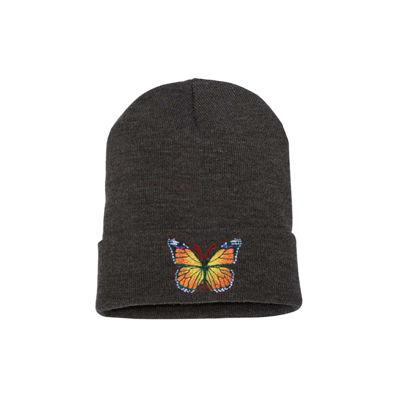 Dark Gray cuffed beanie with a butterfly embroidered in a mix of colors yellow, orange, green, blue and white