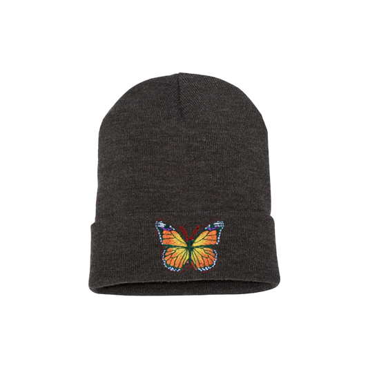 Dark Gray cuffed beanie with a butterfly embroidered in a mix of colors yellow, orange, green, blue and white