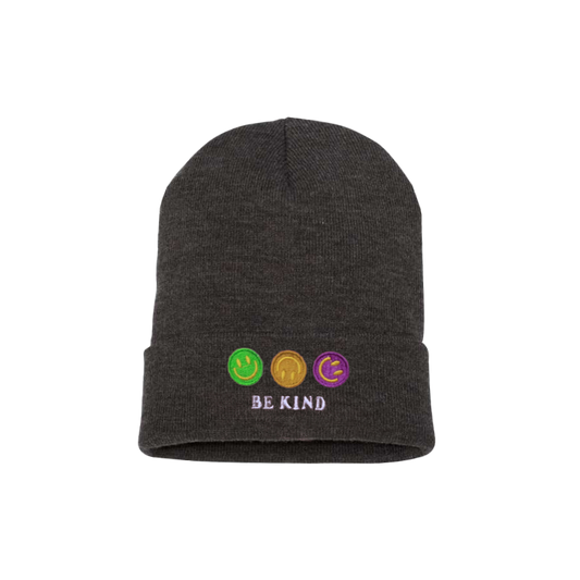 Dark Gray cuffed beanie. It has an embroidered on the cuff of three happy faces, green, gold and purple and a text in white color Be kind