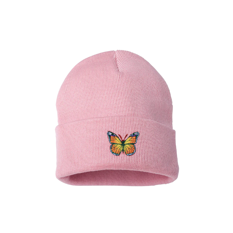 Baby Pink cuffed beanie with a butterfly embroidered in a mix of colors yellow, orange, green, blue and white