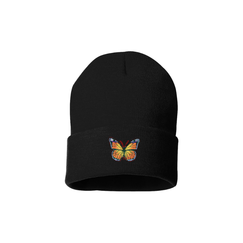 Black cuffed beanie with a butterfly embroidered in a mix of colors yellow, orange, green, blue and white