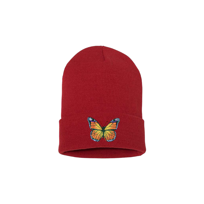 Red cuffed beanie with a butterfly embroidered in a mix of colors yellow, orange, green, blue and white